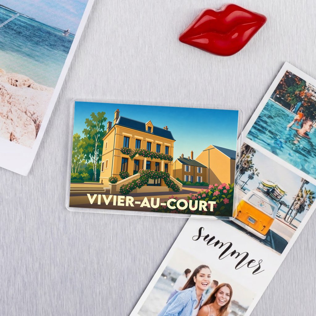 Magnet souvenir de la ville de Vivier-au-Court avec une illustration stylisée d'une maison de maître.
