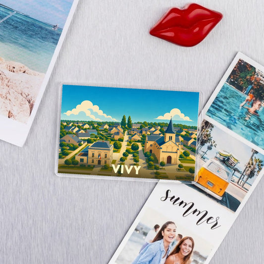 Magnet souvenir de la ville de Vivy avec une illustration stylisée.