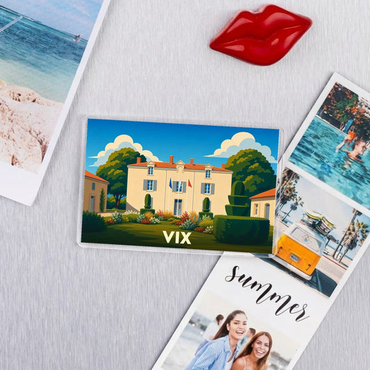 Magnet souvenir de la commune de Vix avec une illustration stylisée d'une demeure bourgeoise.