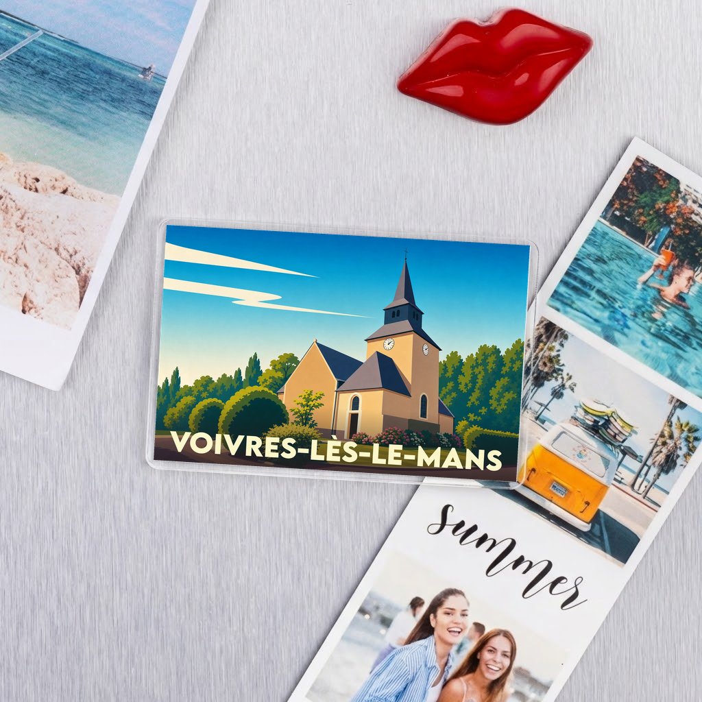 Magnet souvenir de la ville de Voivres-lès-le-Mans avec une illustration stylisée de son église.