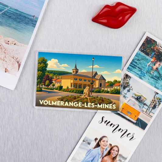 Magnet souvenir de la ville de Volmerange-les-Mines avec une illustration colorée et stylisée.
