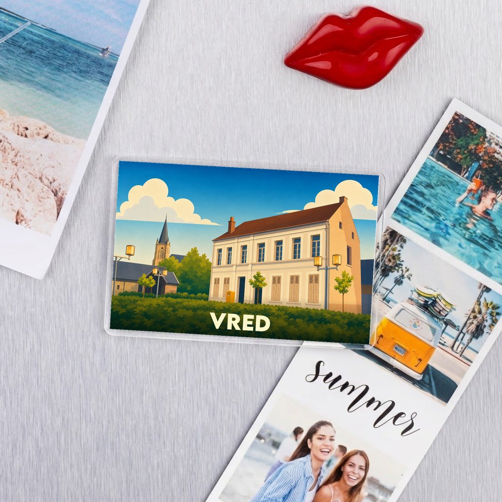 Magnet souvenir de la ville de Vred avec une illustration stylisée.