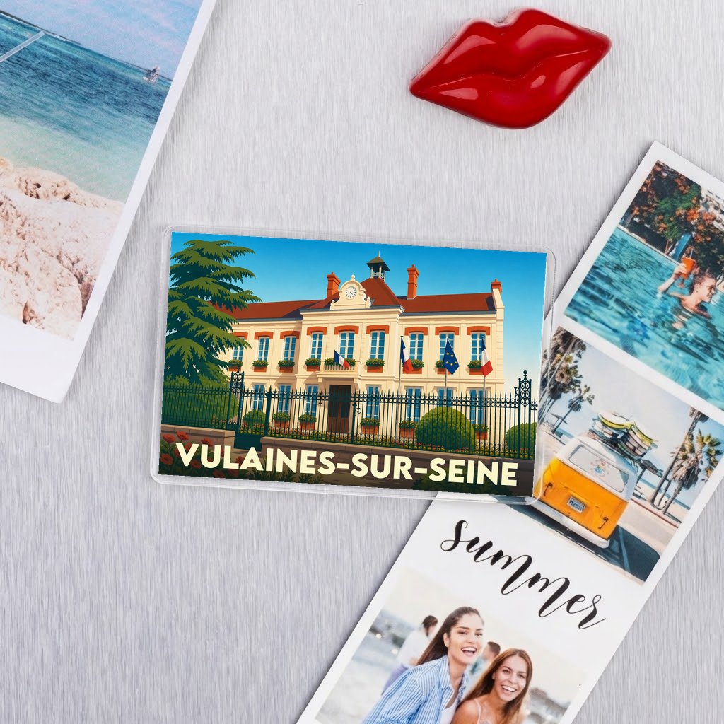 Magnet rectangulaire souvenir de la ville de Vulaines-sur-Seine avec une illustration stylisée de sa mairie.