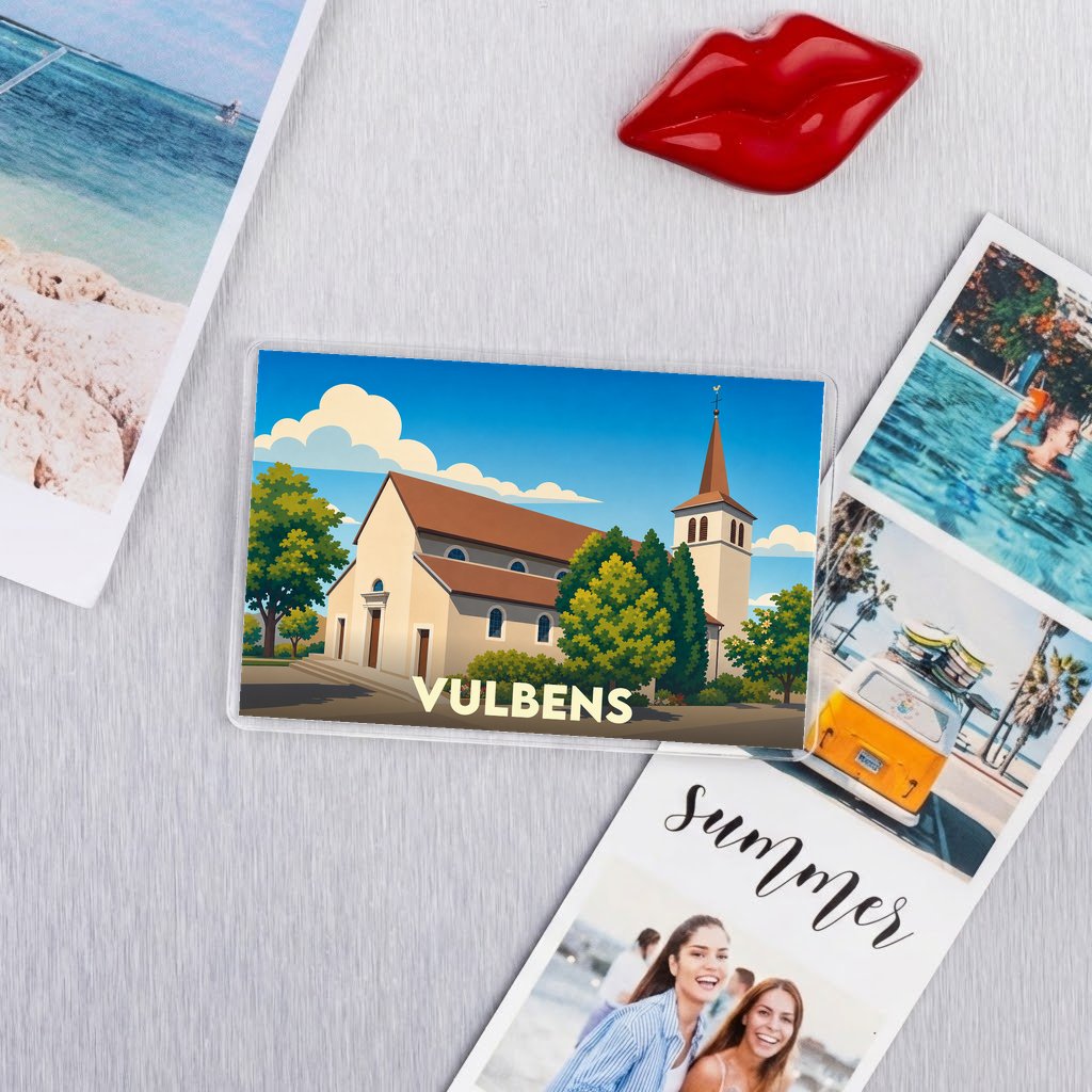 Magnet souvenir de la ville de Vulbens avec une illustration stylisée d'une église.