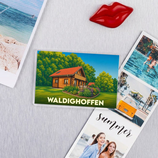 Magnet souvenir de la ville de Waldighoffen avec une illustration stylisée d'un chalet alsacien.