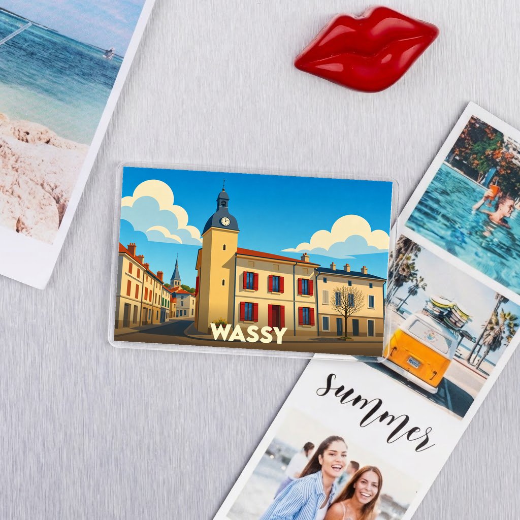 Magnet souvenir de la ville de Wassy avec une illustration stylisée.