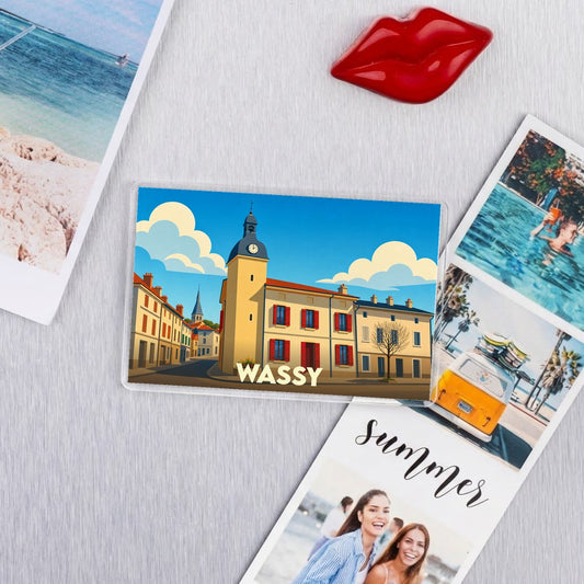 Magnet souvenir de la ville de Wassy avec une illustration stylisée.