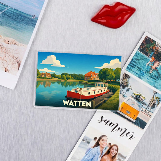 Magnet souvenir de la ville de Watten avec une illustration stylisée d'une péniche sur un canal.