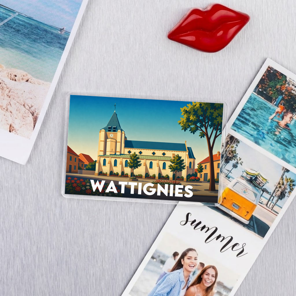Magnet souvenir de la ville de Wattignies avec une illustration stylisée de son église.