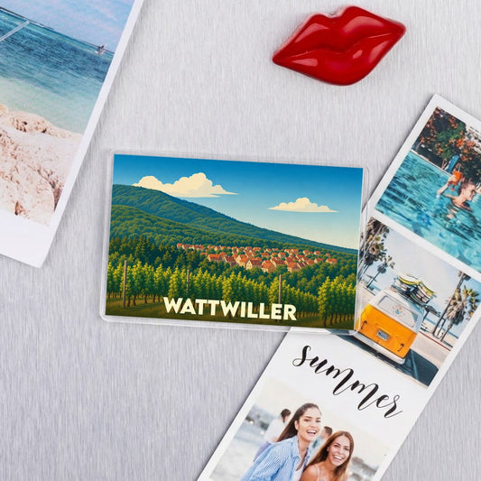 Magnet souvenir de la ville de Wattwiller avec une illustration stylisée d'un paysage alsacien.