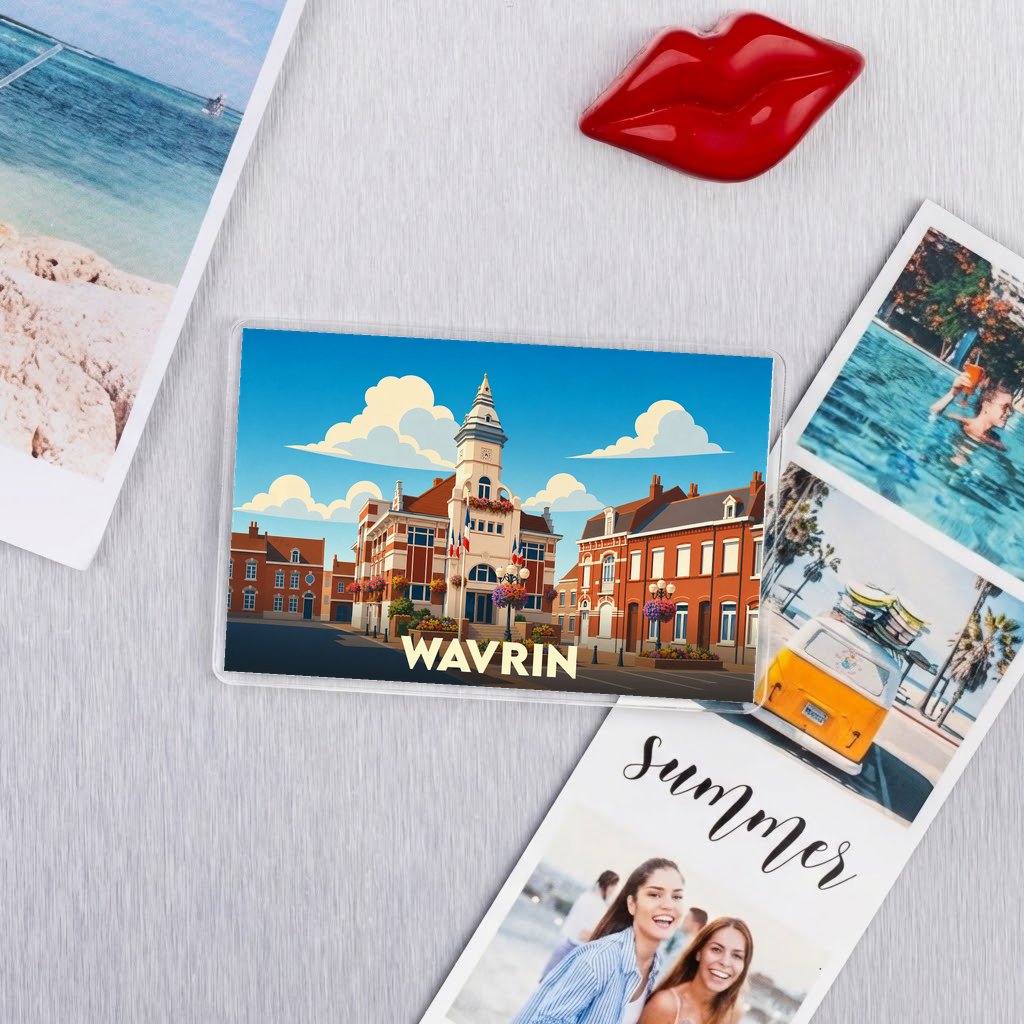 Magnet souvenir de la ville de Wavrin avec une illustration stylisée de son architecture.