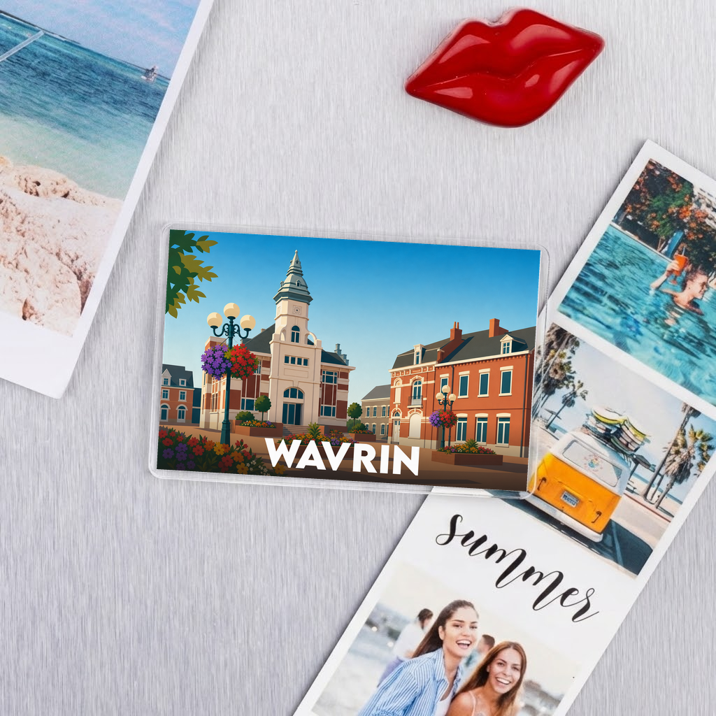 Magnet souvenir de la ville de Wavrin avec une illustration stylisée de son architecture.