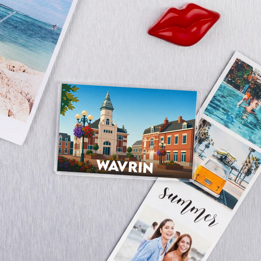 Magnet souvenir de la ville de Wavrin avec une illustration stylisée de son architecture.