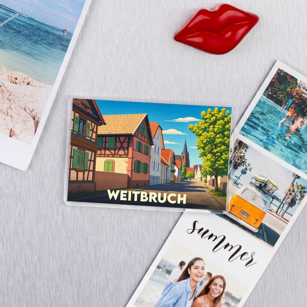 Magnet souvenir de la ville de Weitbruch avec une illustration stylisée de ses maisons à colombages.