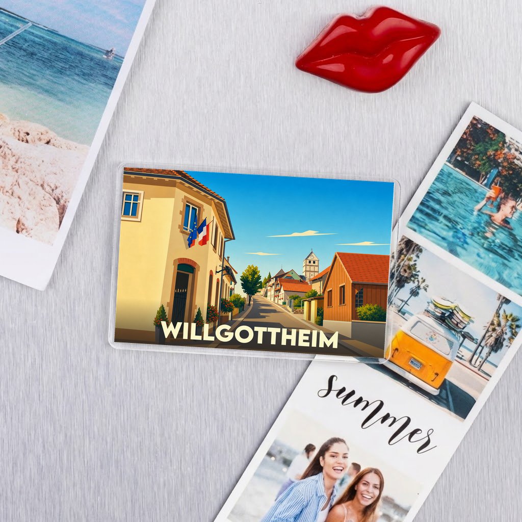 Magnet souvenir de la ville de Willgottheim avec une illustration stylisée.