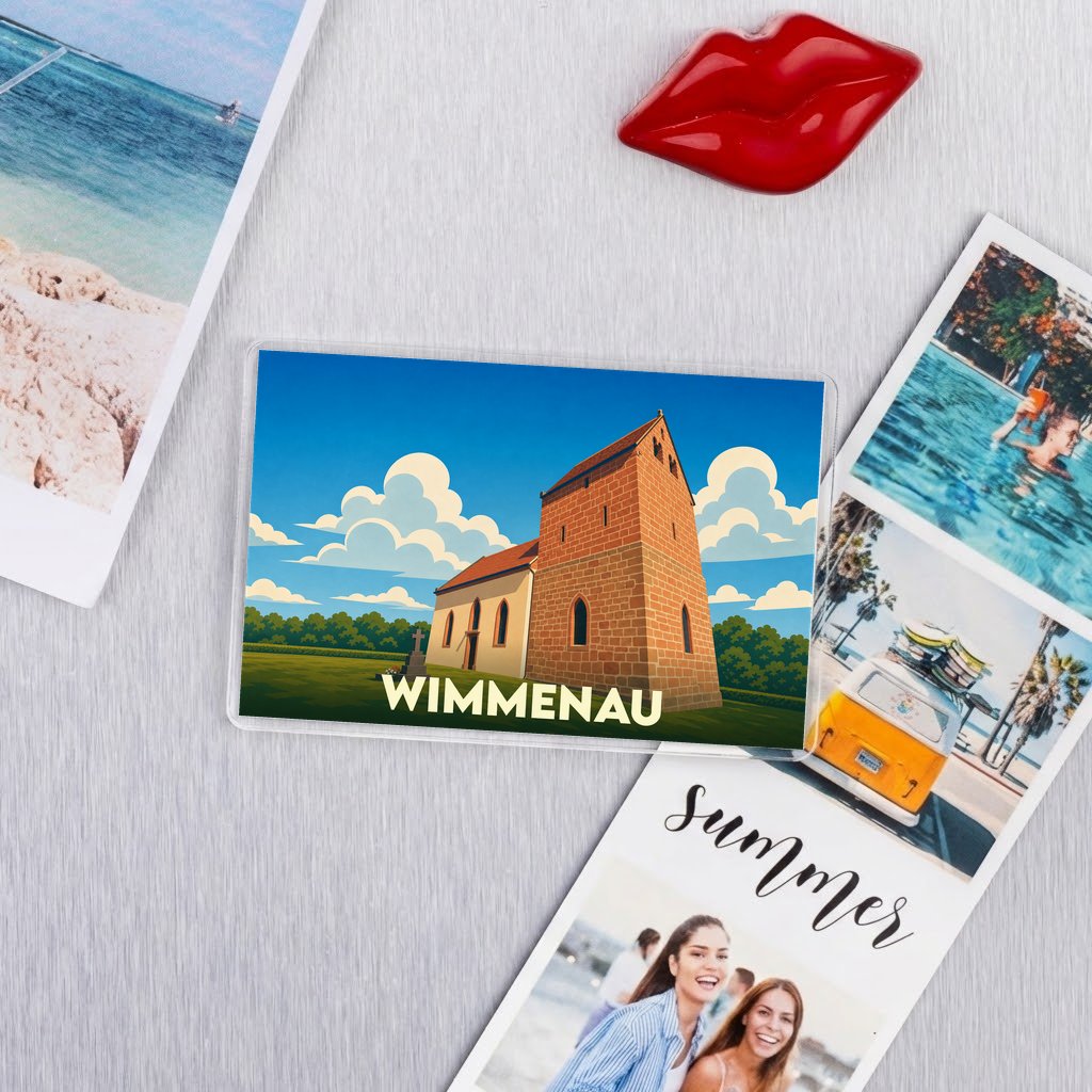 Magnet souvenir de la ville de Wimmenau avec une illustration stylisée de son église.