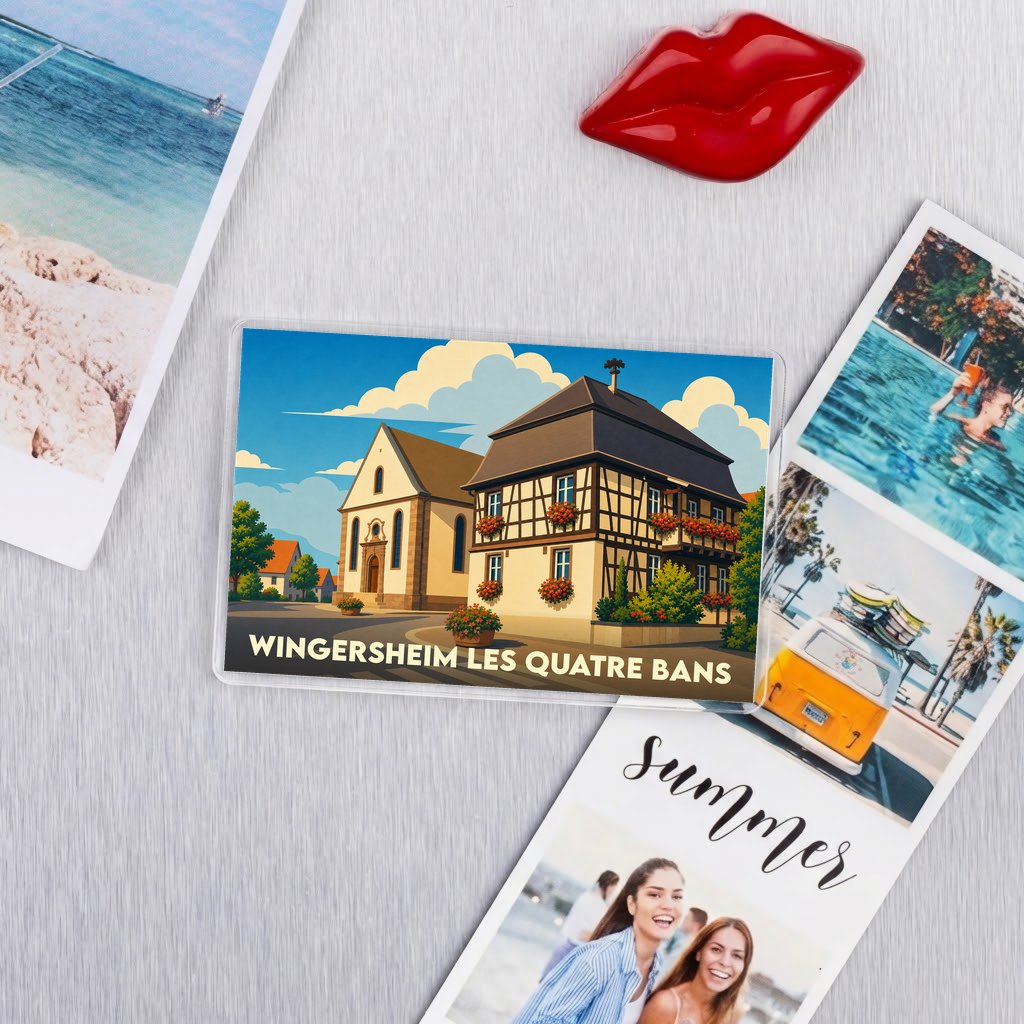 Magnétique souvenir de la commune de Wingersheim les Quatre Bans avec une illustration stylisée de son architecture traditionnelle.