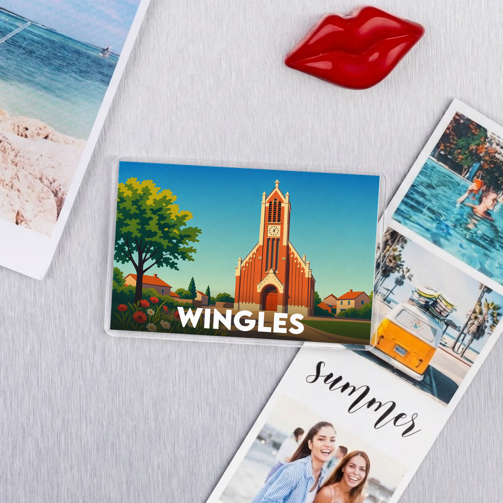 Magnet souvenir de la ville de Wingles avec une illustration stylisée d'une église.