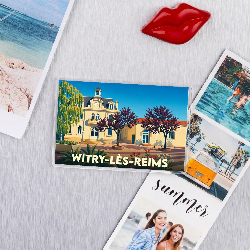 Magnet souvenir de la commune de Witry-lès-Reims avec une illustration stylisée de son hôtel de ville.