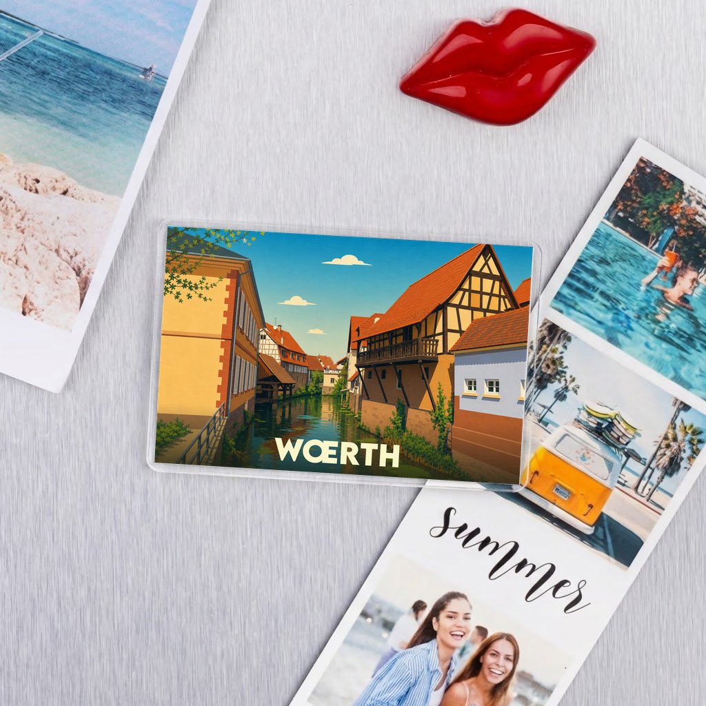 Magnet souvenir de la ville de Wœrth avec une illustration stylisée.