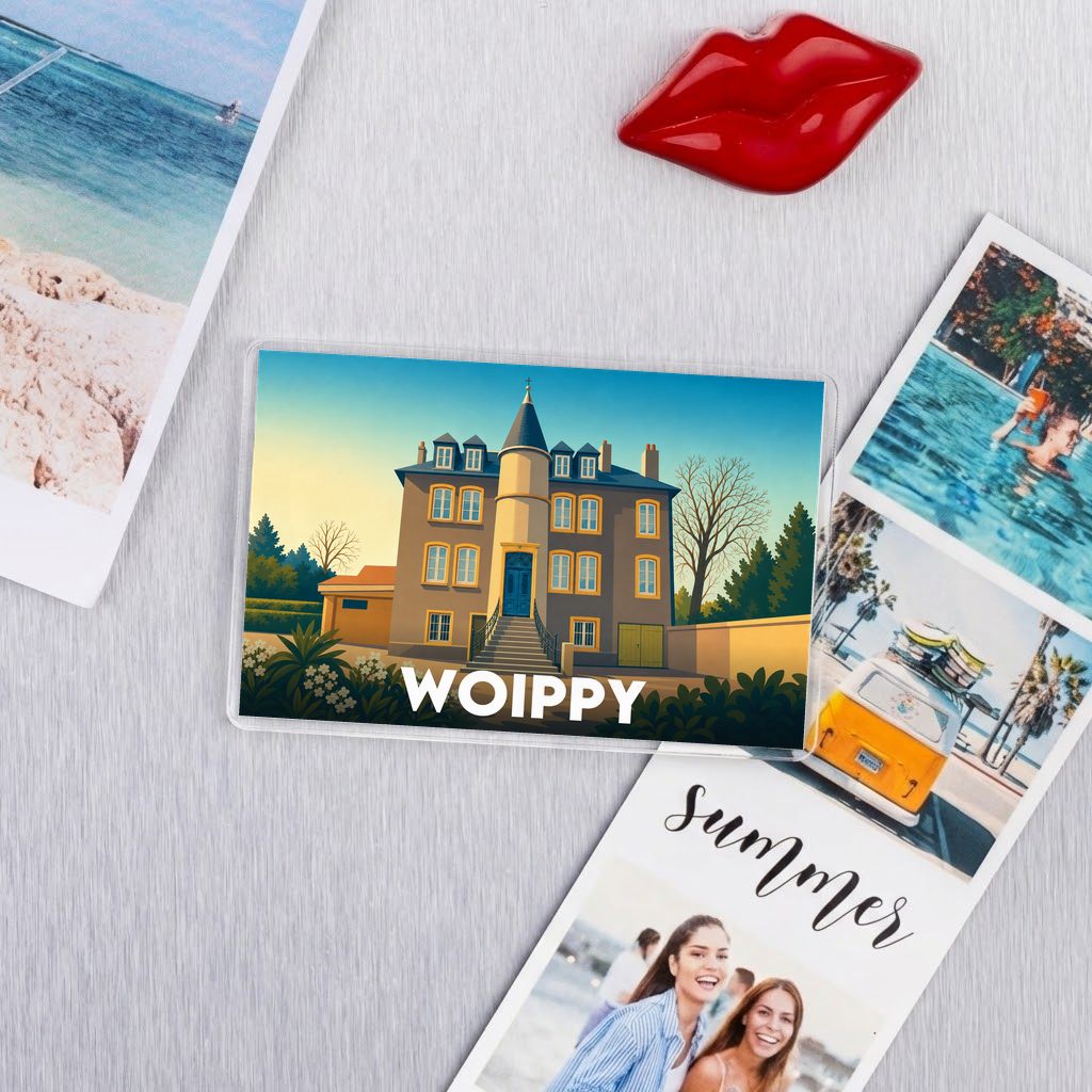 Magnet souvenir de la ville de Woippy avec une illustration stylisée d'un bâtiment historique.
