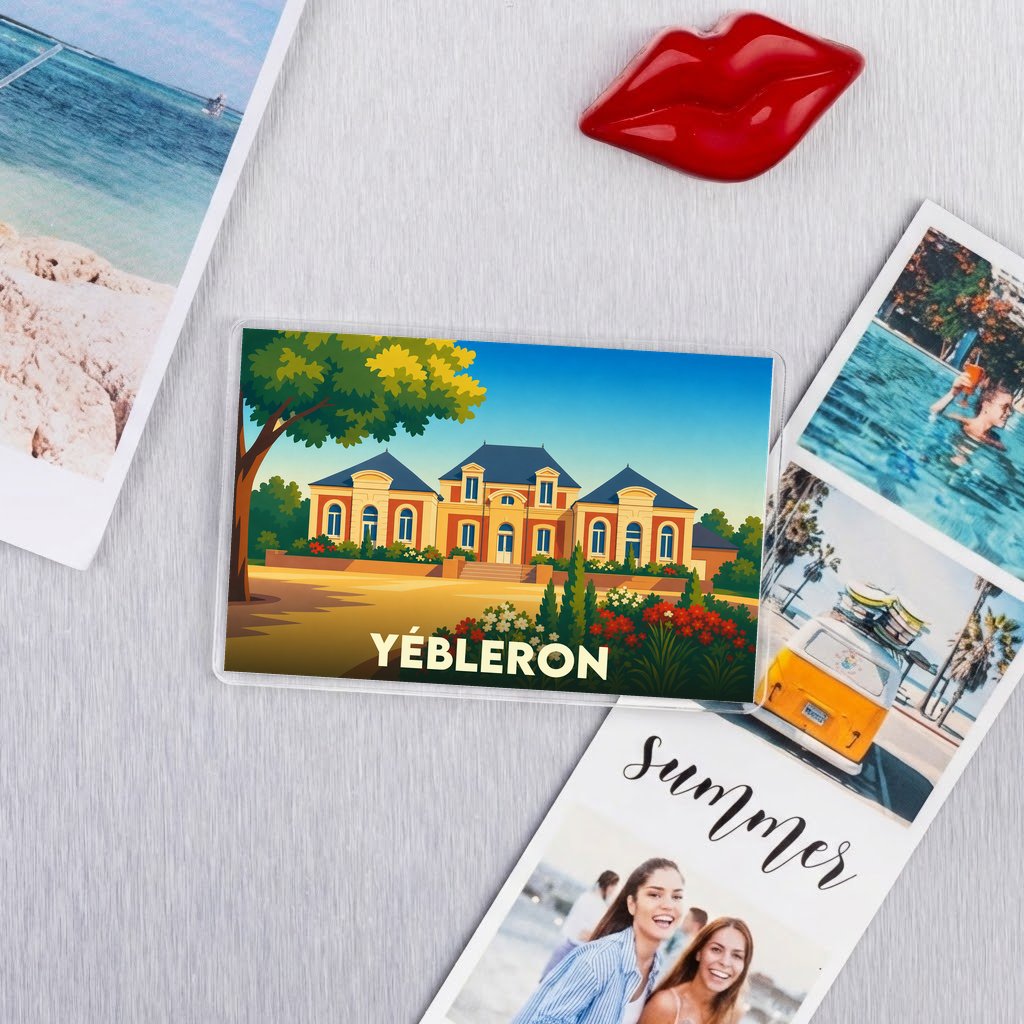 Magnet souvenir de la ville de Yébleron avec une illustration stylisée d'une grande demeure bourgeoise.