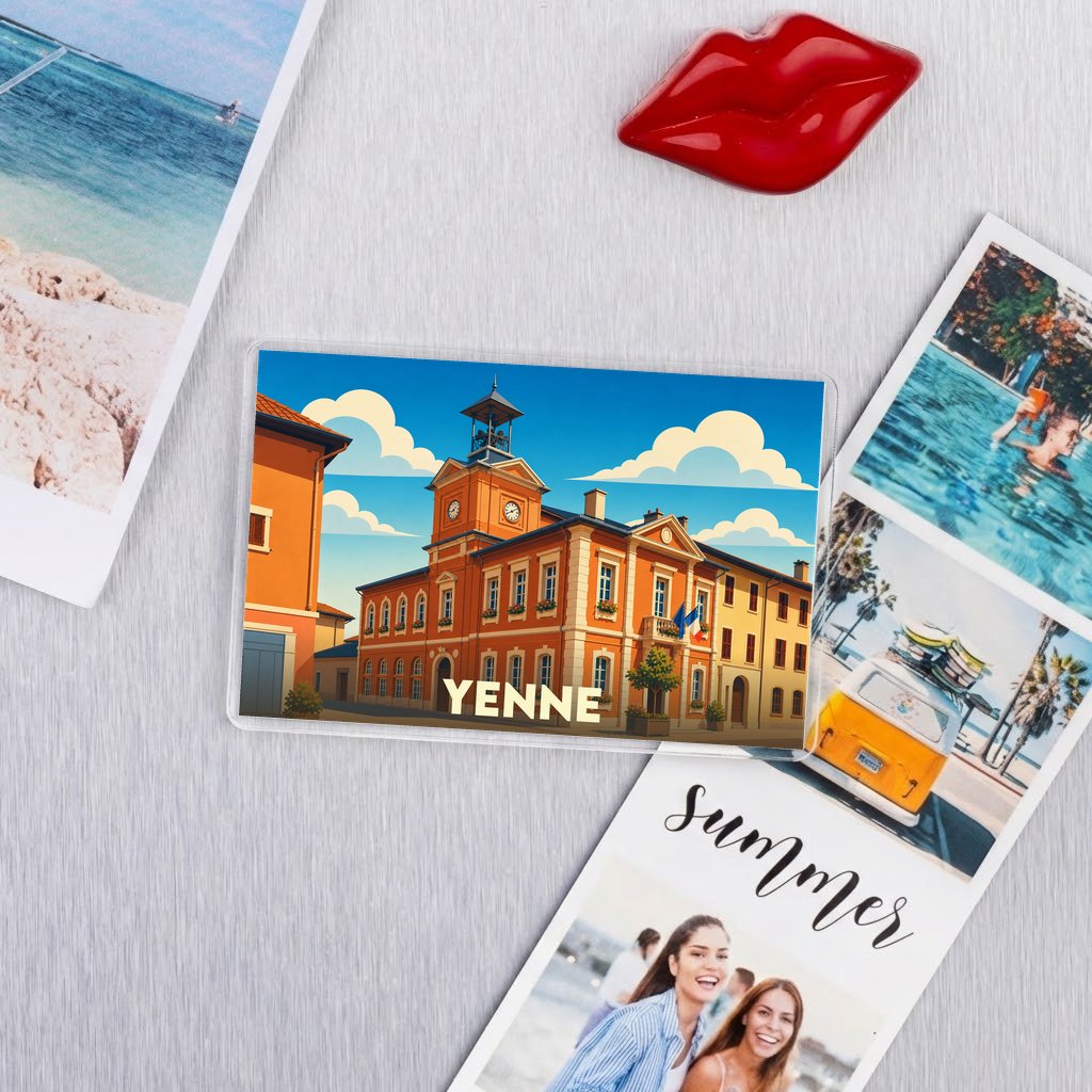 Magnet souvenir de la ville de Yenne avec une illustration stylisée de son hôtel de ville.