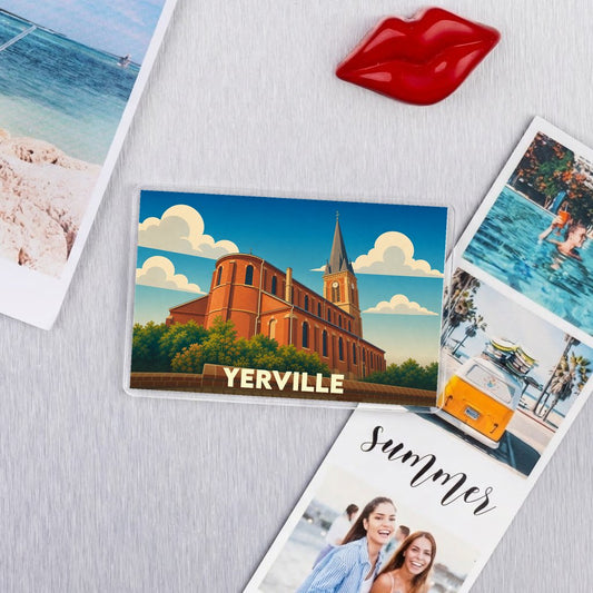 Magnet souvenir de la ville de Yerville avec une illustration stylisée de son église.