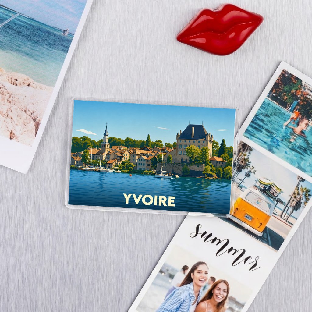 Magnet souvenir de la ville d'Yvoire avec une illustration stylisée des bords du lac Léman.