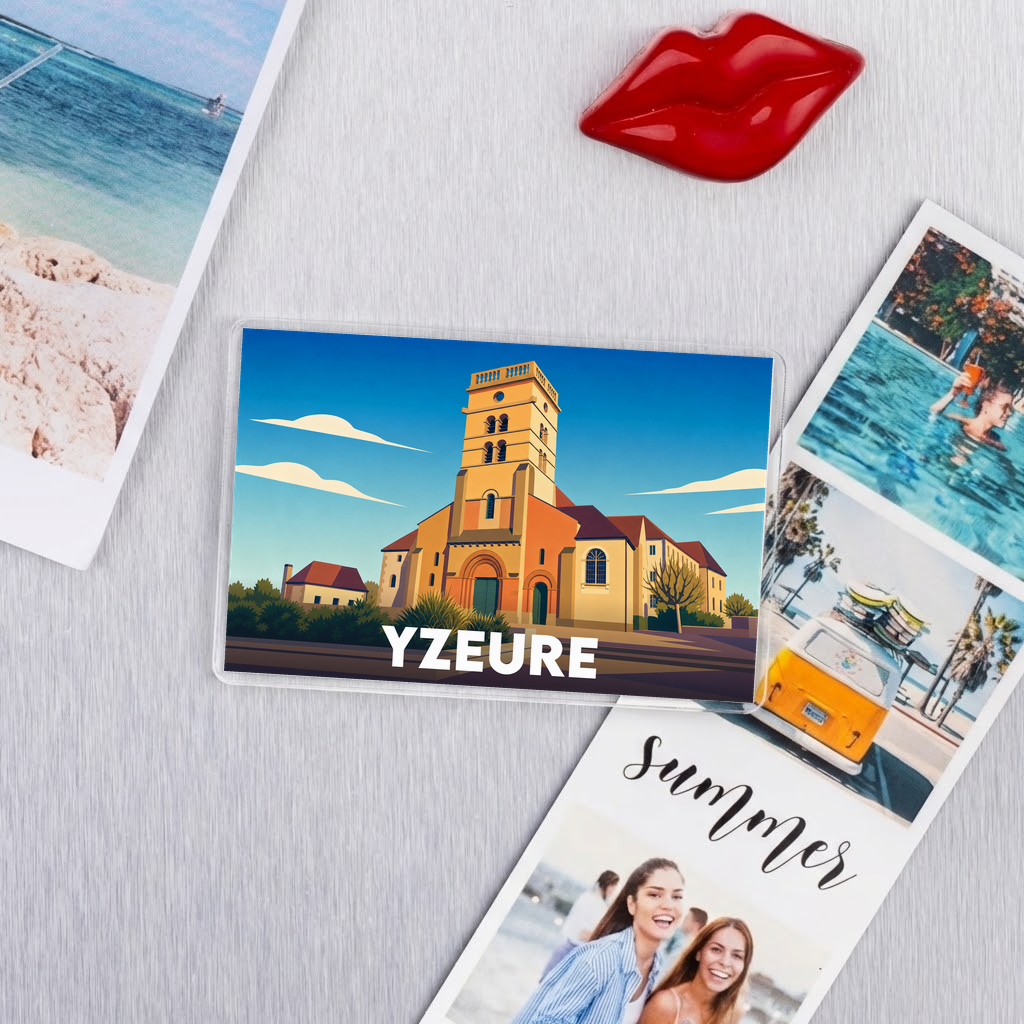 Magnet souvenir de la ville d'Yzeure avec une illustration stylisée de son église.