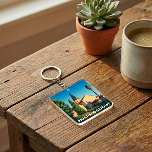 Porte-clés souvenir de la ville d'Abjat-sur-Bandiat avec une illustration stylisée.