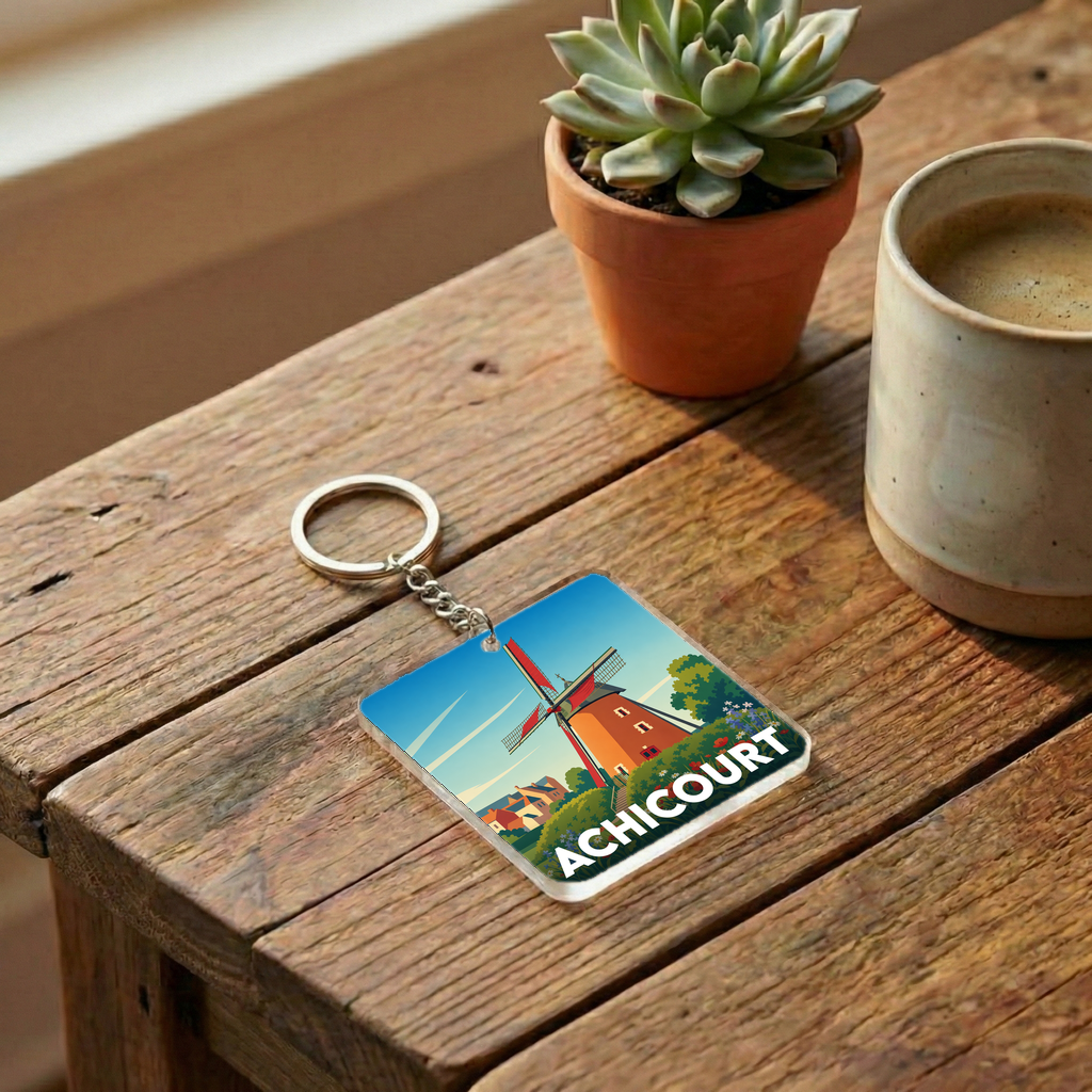 Porte-clés souvenir de la ville d'Achicourt avec une illustration stylisée d'un moulin.