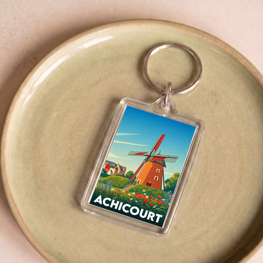 Porte-clés souvenir de la ville d'Achicourt avec une illustration stylisée d'un moulin.