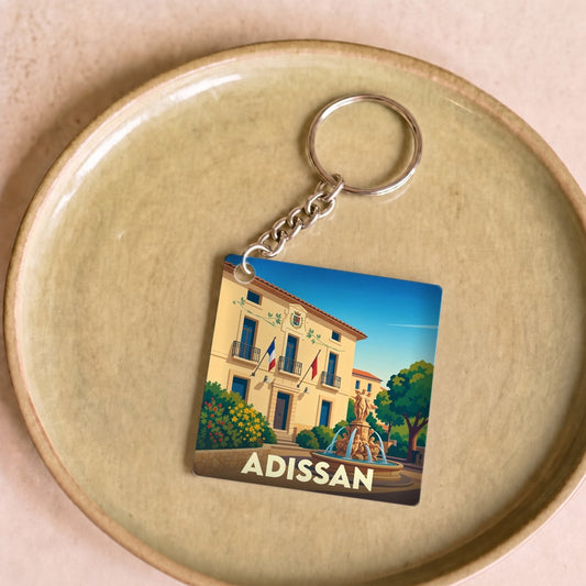 Porte-clés souvenir de la ville d'Adissan avec une illustration stylisée de sa mairie et d'une fontaine.