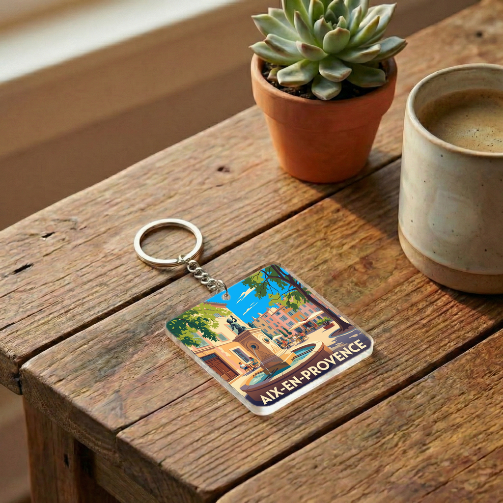 Porte-clés souvenir de la ville d'Aix-en-Provence avec une illustration stylisée d'une place ensoleillée.