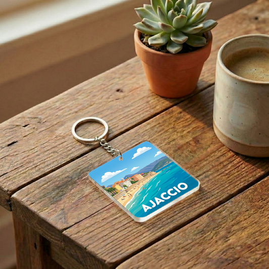Porte-clés souvenir de la ville d'Ajaccio avec une illustration stylisée.