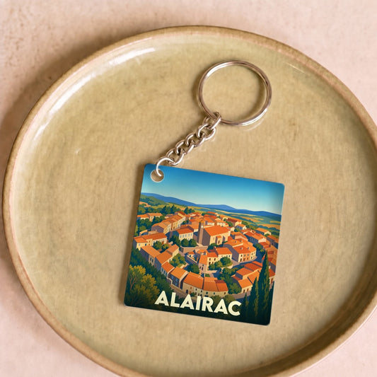 Porte-clés souvenir de la ville d'Alairac avec une illustration stylisée.