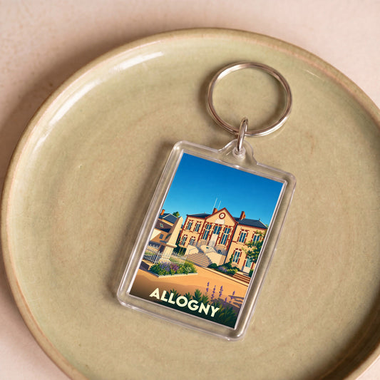 Porte-clés souvenir de la ville d'Allogny avec une illustration stylisée de sa mairie.