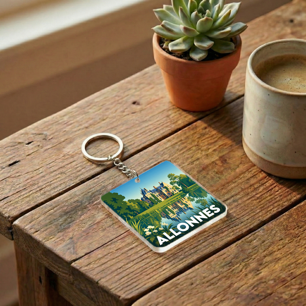 Porte-clés souvenir de la ville de Allonnes avec une illustration stylisée d'un château se reflétant dans l'eau.