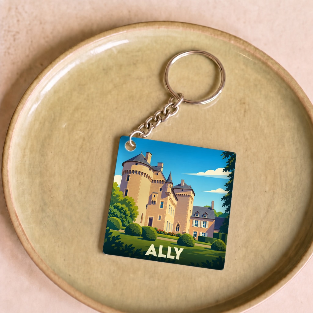 Porte-clés souvenir de la ville de Ally avec une illustration stylisée de son château.