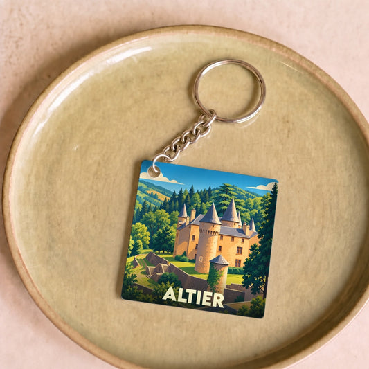 Porte-clés souvenir de la ville d'Altier avec une illustration stylisée de son château.