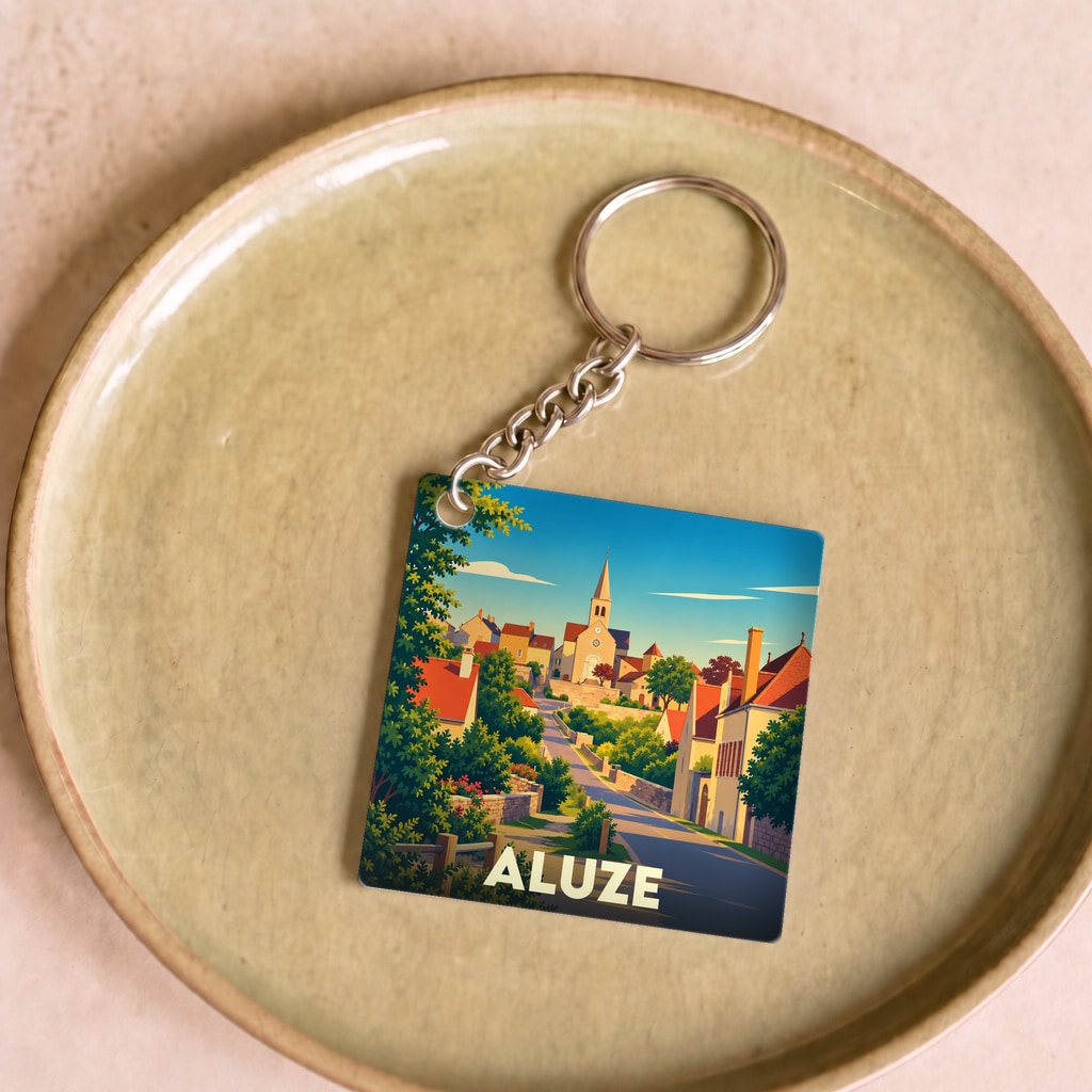 Porte-clés souvenir de la ville de Aluze avec une illustration stylisée d'un village ensoleillé.