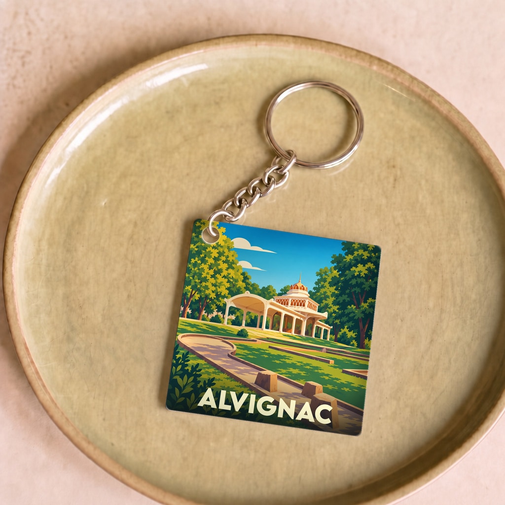 Porte-clés souvenir de la ville d'Alvignac avec une illustration stylisée de sa source thermale.
