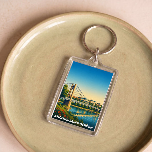 Porte-clés souvenir de la ville de Ancenis-Saint-Géréon avec une illustration stylisée de son pont.