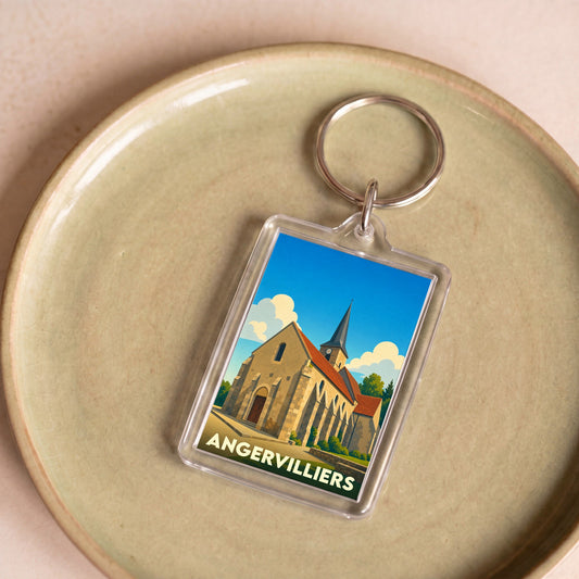 Porte-clés souvenir de la ville d'Angervilliers avec une illustration stylisée de son église.