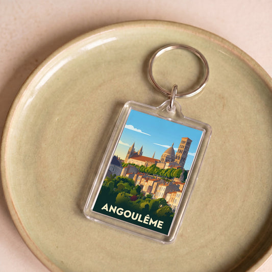 Porte-clés souvenir de la ville d'Angoulême avec une illustration stylisée.