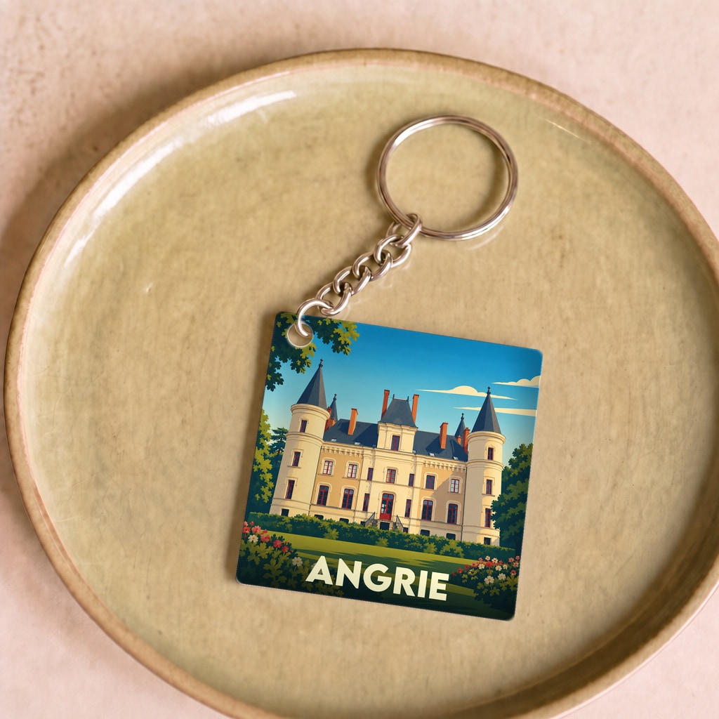 Porte-clés souvenir de la ville d'Angrie avec une illustration stylisée de son château.