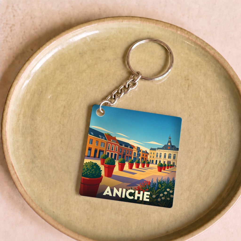 Porte-clés souvenir de la ville d'Aniche avec une illustration stylisée d'une place urbaine colorée.
