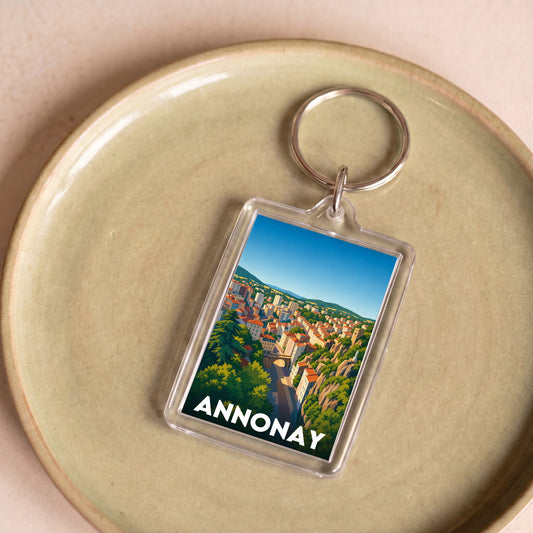 Porte-clés souvenir de la ville d'Annonay avec une illustration stylisée.