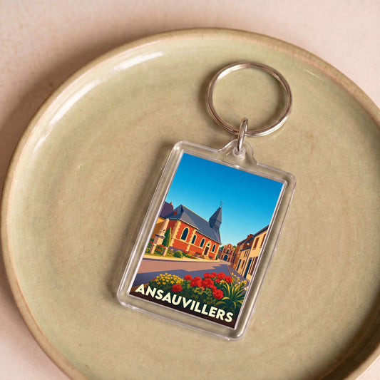 Porte-clés souvenir de la ville d'Ansauvillers avec une illustration stylisée de son église.